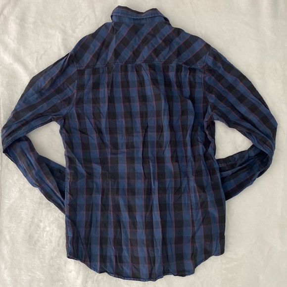 Black slim fit black and blue checkered button down shirt with red lines - Picture 9 of 17